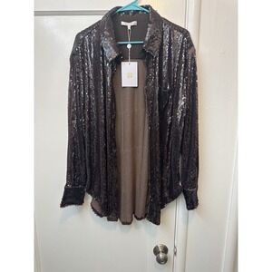 WAYF Women's Brown Sequined Button Down XL